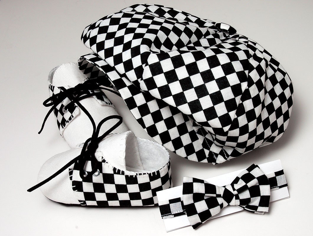 Cooper Baby Boy Hat, Shoes and Bow Tie Set, Checkered and Linen. Sporty, Infant, Handmade.