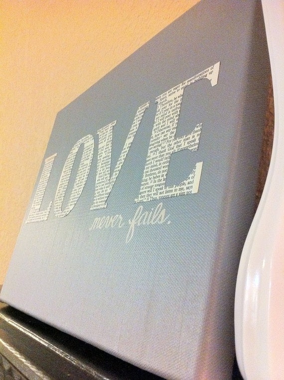 Bible Verse Art - Christian Art - Scripture Art - LOVE Never Fails - 9x12 - Wrapped Canvas - Valentines, Grey, Home Decor, Gift