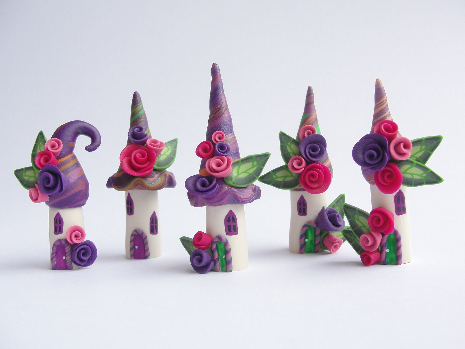 Miniature tropical fairy village in pretty purple, orange and pink colours handmade from polymer clay - fizzyclaret