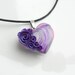 Heart pendant in pink, purple and silver with purple roses on black cotton cord necklace
