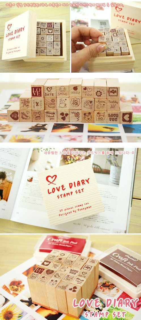 Wooden Rubber Stamp Box 1 Sets / 25 kinds of Korea  DIY Woodiness stamp diary stamp set---Love Dairy