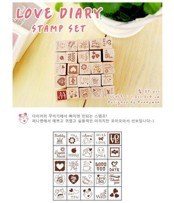 Wooden Rubber Stamp Box 1 Sets / 25 kinds of Korea  DIY Woodiness stamp diary stamp set---Love Dairy