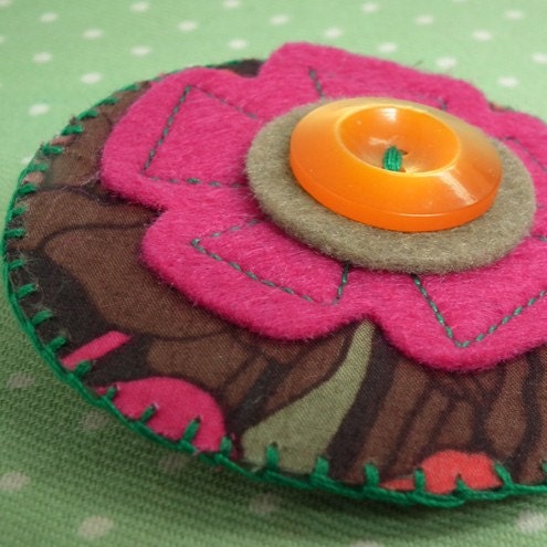 Biba 70s pink and brown felt and Liberty fabric brooch