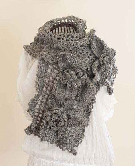 PDF CROCHET PATTERN Scarf Ice Queen - beautiful unique large feminine grey gray rose lace shawl