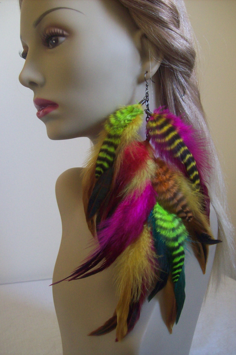 Fuschia Yellow Turquoise Orange Lime Green Grizzly Single Feather Earring