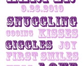 Nursery art 8x10 Favorite Things Customizable Birth Announcement Print - purple or You pick the colors