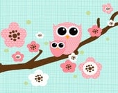 Kids wall art 8x10 Two Owls on a cherry blossom branch - Pink and Aqua