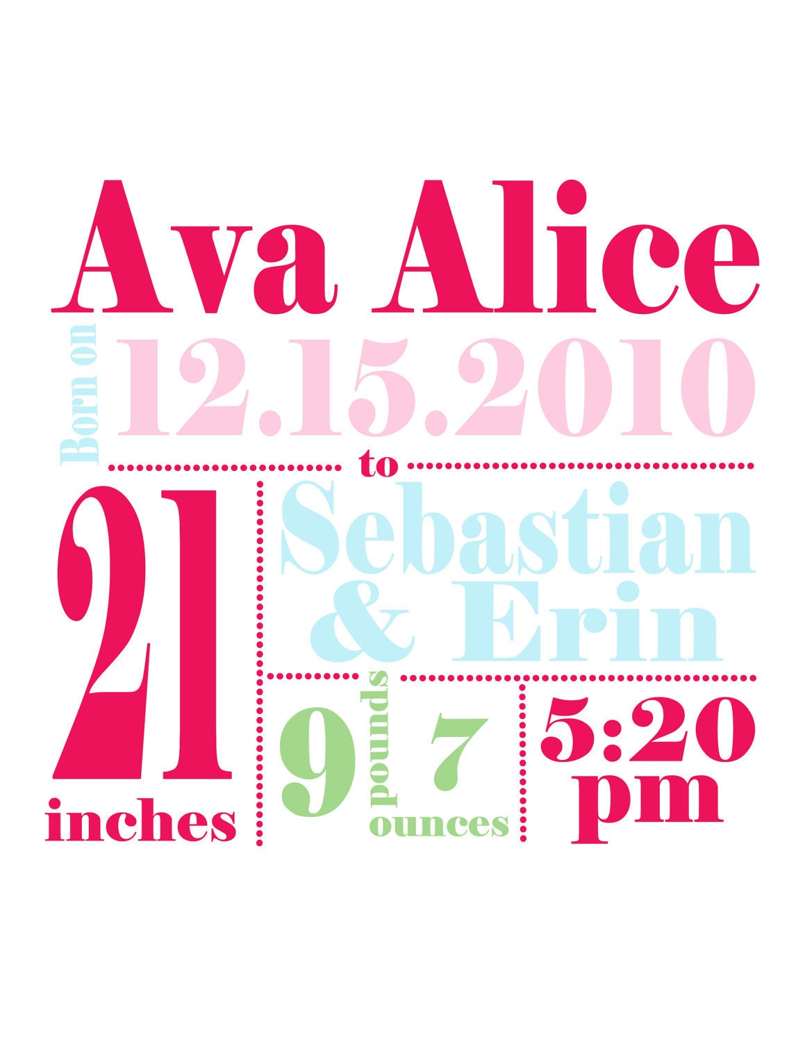 Nursery art 8x10 custom birth announcement print - pink and aqua blue or choose your own colors
