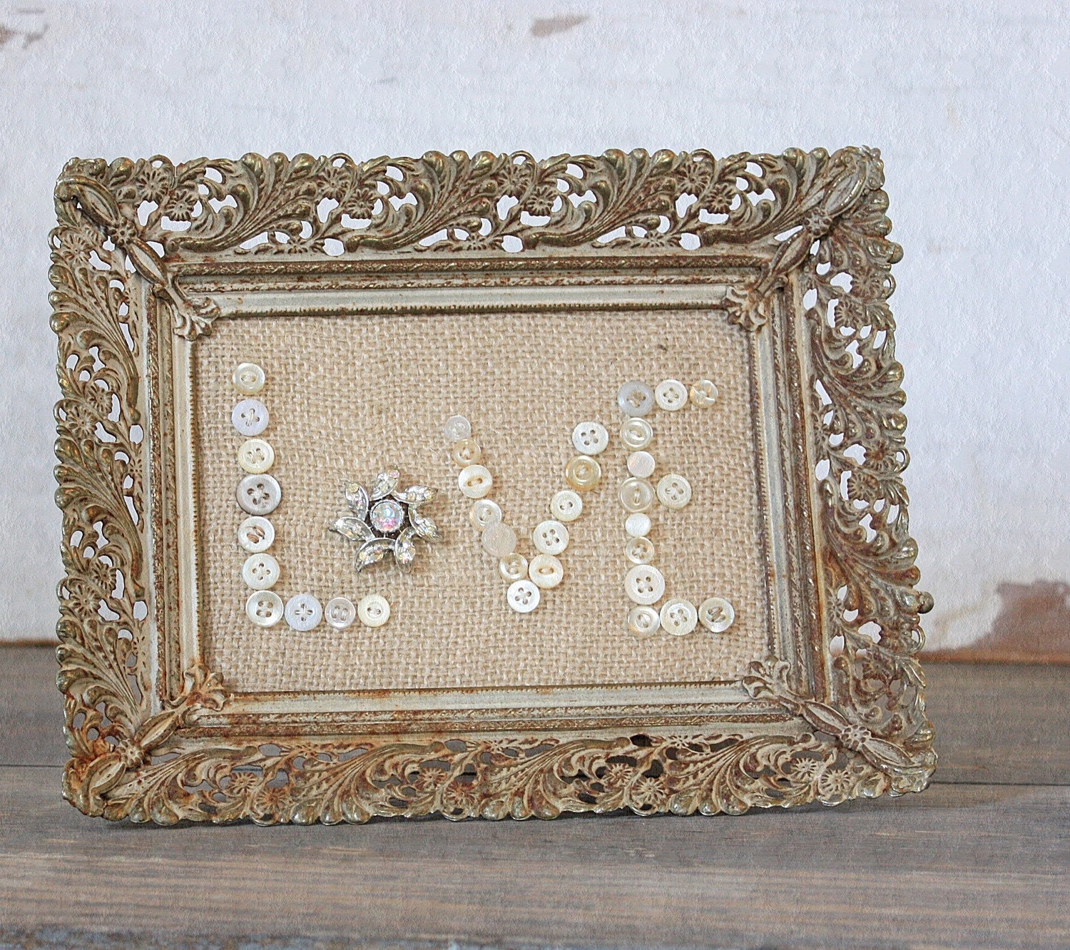 Vintage Inspired Burlap Button Love in Rusty Frame