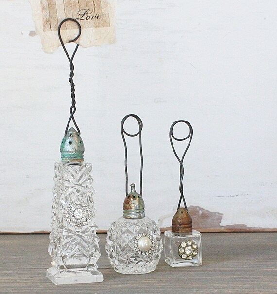 Vintage Inspired Salt Shaker Photo Holder Rhinestone Rusty and Patinad