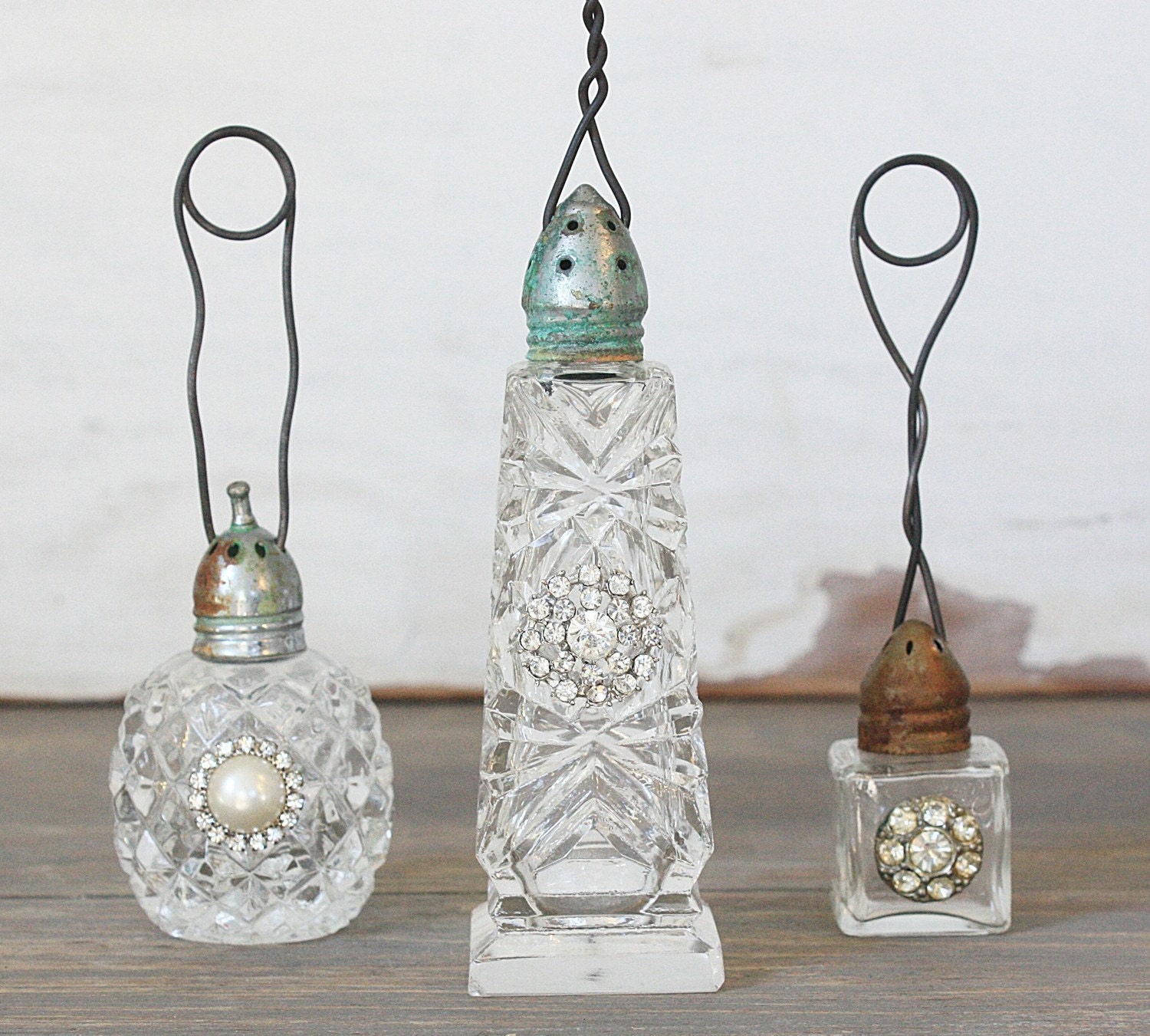 Vintage Inspired Salt Shaker Photo Holder Rhinestone Rusty and Patinad