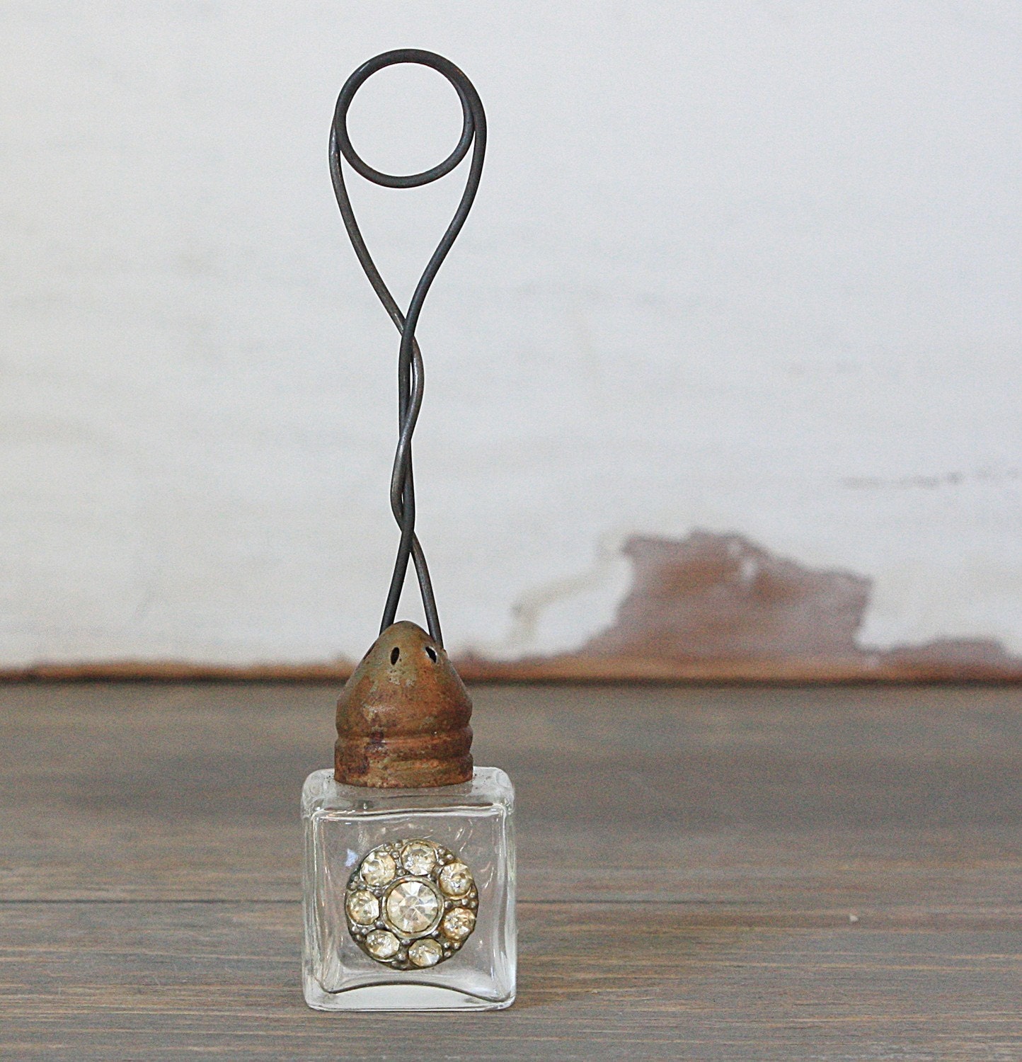 Vintage Inspired Salt Shaker Photo Holder Rhinestone Rusty and Patinad