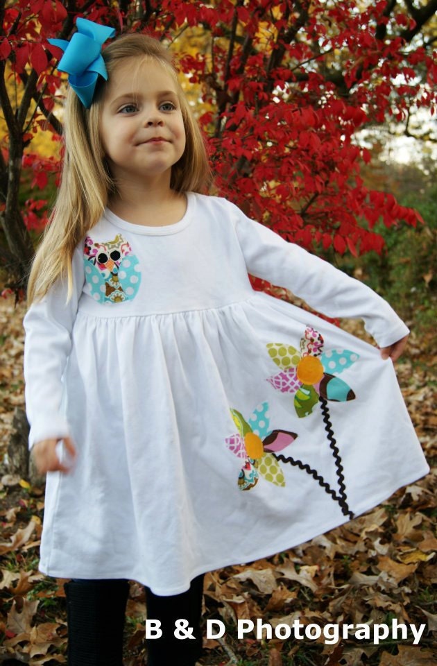 Applique Dress with Owl and Flower Applique - You Choose Dress Color and Sleeve Length