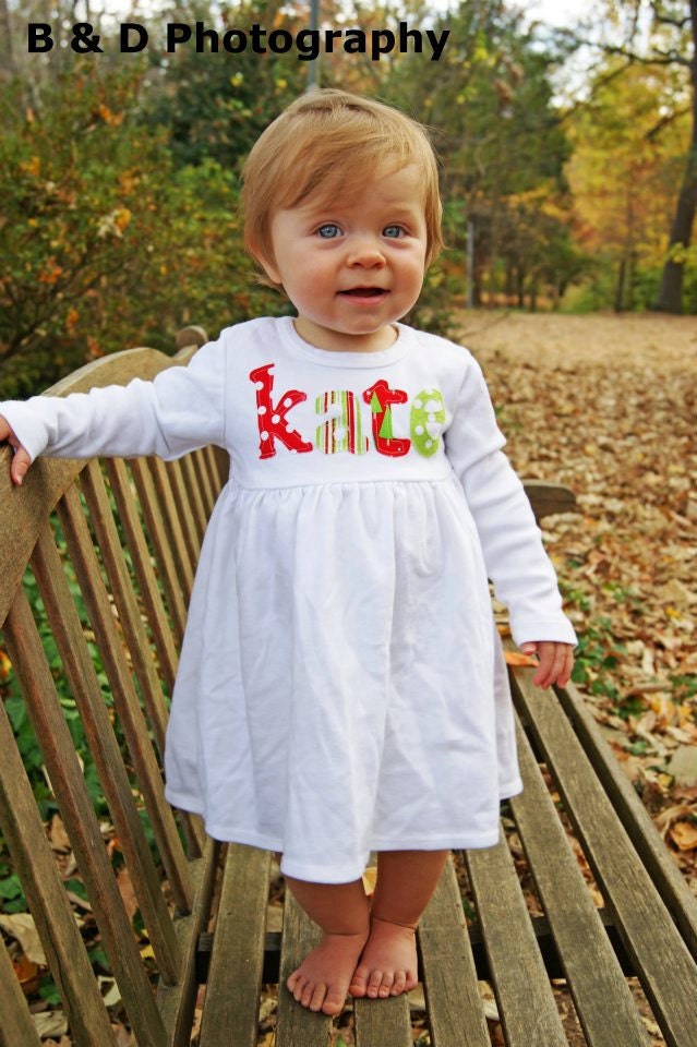 Christmas Dress with Name Applique - You Choose Fabric Colors, Dress Color and Sleeve Length