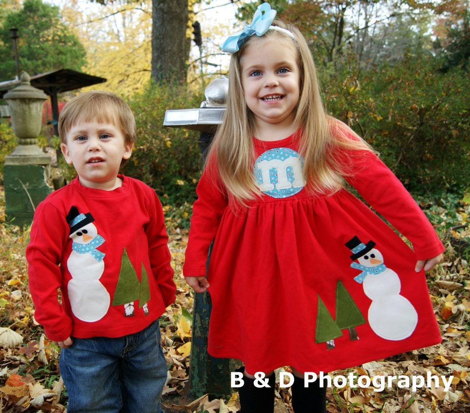 Christmas Dress Shirt Set - Brother Sister Sibling Set -  Snowman Applique Outfits