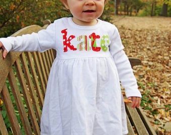 Christmas Dress with Name Applique - You Choose Fabric Colors, Dress Color and Sleeve Length