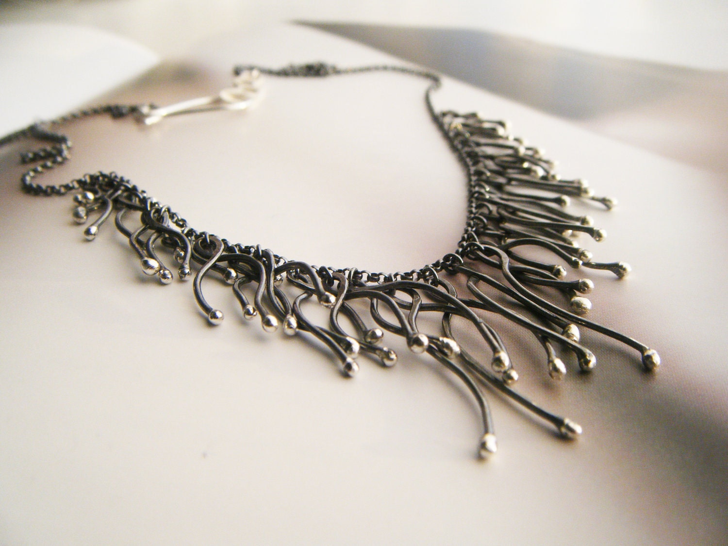seaweed statement necklace - sterling silver strand necklace -  black and silver sculptural pendant  - handmade by lolide