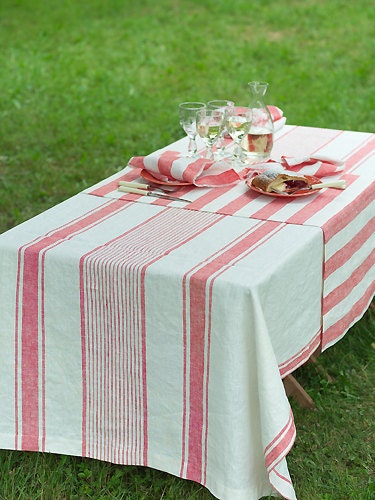 Off White Red Striped Linen Tablecloth