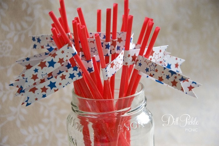 4th of July - Red, White, and Blue Stars Flagged Party Straws
