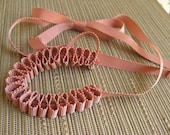 Romantic dusty pink folded grosgrain and rose quartz bead necklace