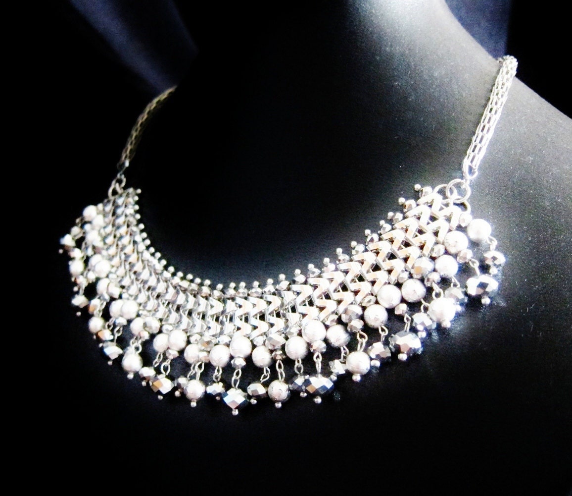 crystal glass necklace bracelet anklet silver fringe nkl015