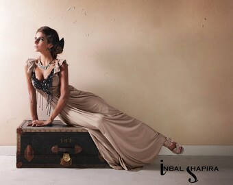 Beautiful soft long dress with black applique sequin ---now on Big SALEEE-----