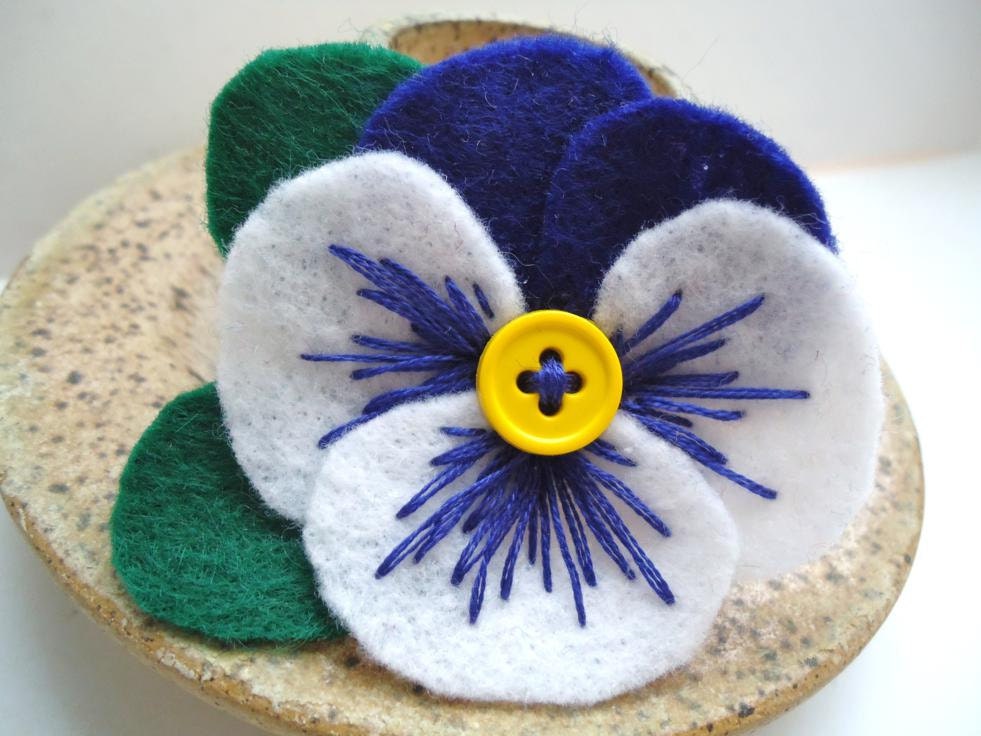 Blue Felt Flower Pin, Pansy Flower Brooch, Floral Pin, Felt Jewelry, Monaco Blue