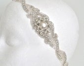 RACHEL DELUX IV - Beaded crystal pearl crystal headband, bridal headpiece, bridal ribbon headband