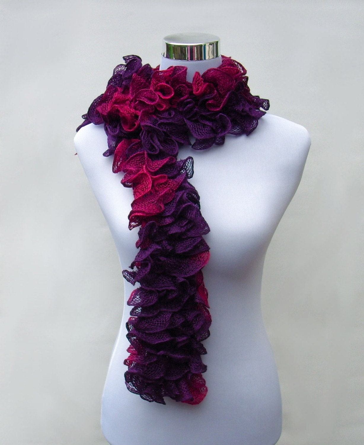 Knit frilly scarf ruffle flamenco cancan burlesque scarf in rich purple and burgundy berry reds