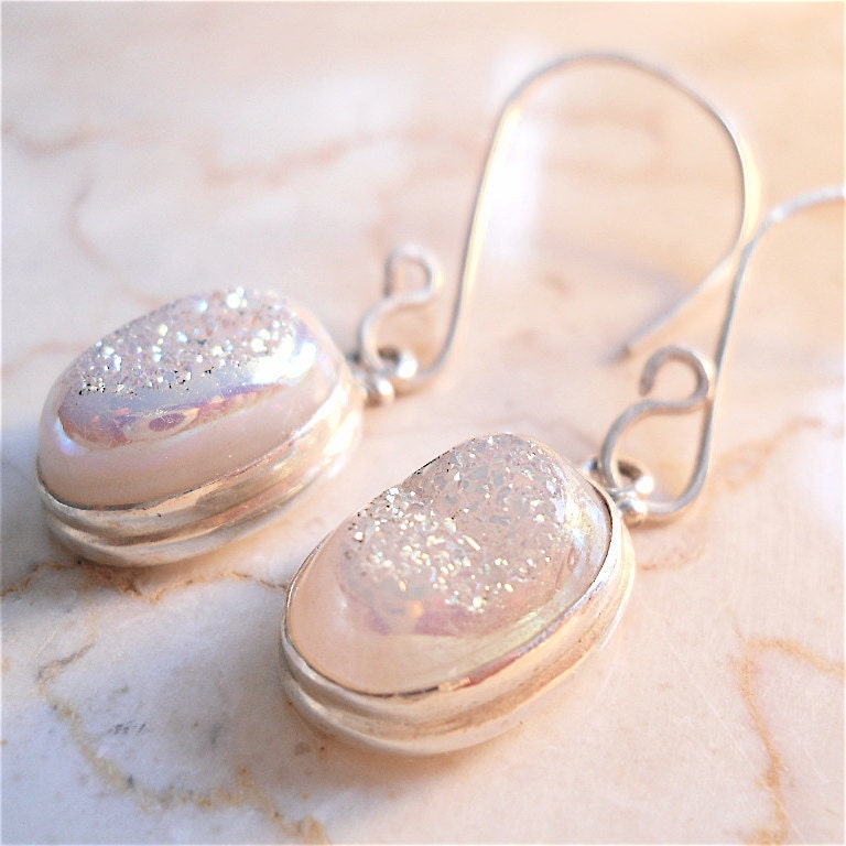 PERFECT SUMMER  Druzy, Drusy Gemstone Dangling Earrings, Hand Forged Sterling Earwires, Geode, Agate Natural Fashion Accessory