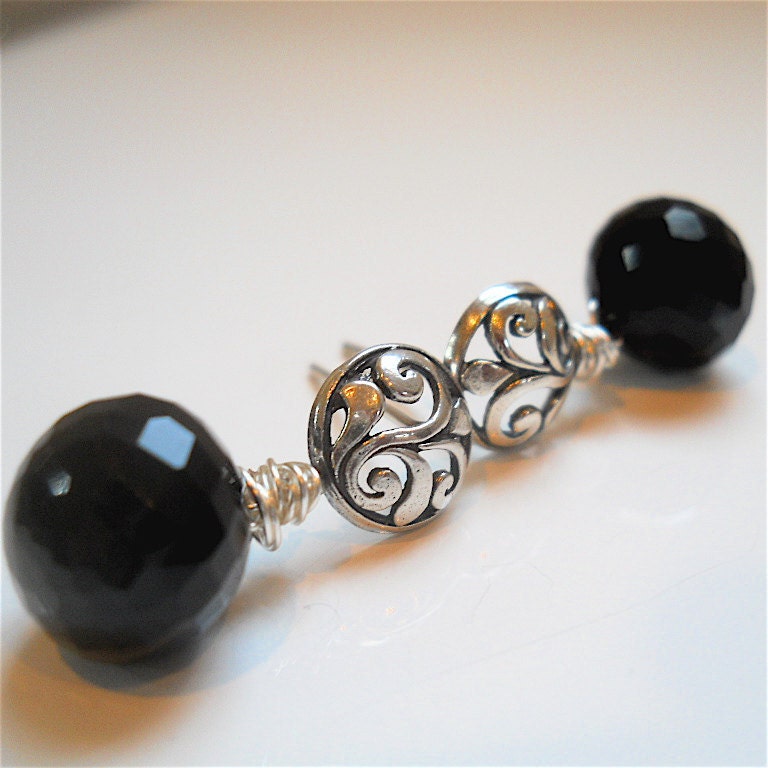 AAA  Chubby Black Spinel Onion Gemstone Earrings,  Oxidized Antiqued Sterling, Elegant Womens Fashion Accessory