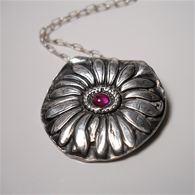 Pink Ruby, Silver Flower Pendant, "Bloom" Necklace, Recycled Silver, Earthy Fashion Accessory July Birthstone, Your Daily Jewels