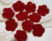 Crochet Flowers Handmade  Applique Red Cotton Thread - Set of 10 - 1 1/2 x 1 1/2"