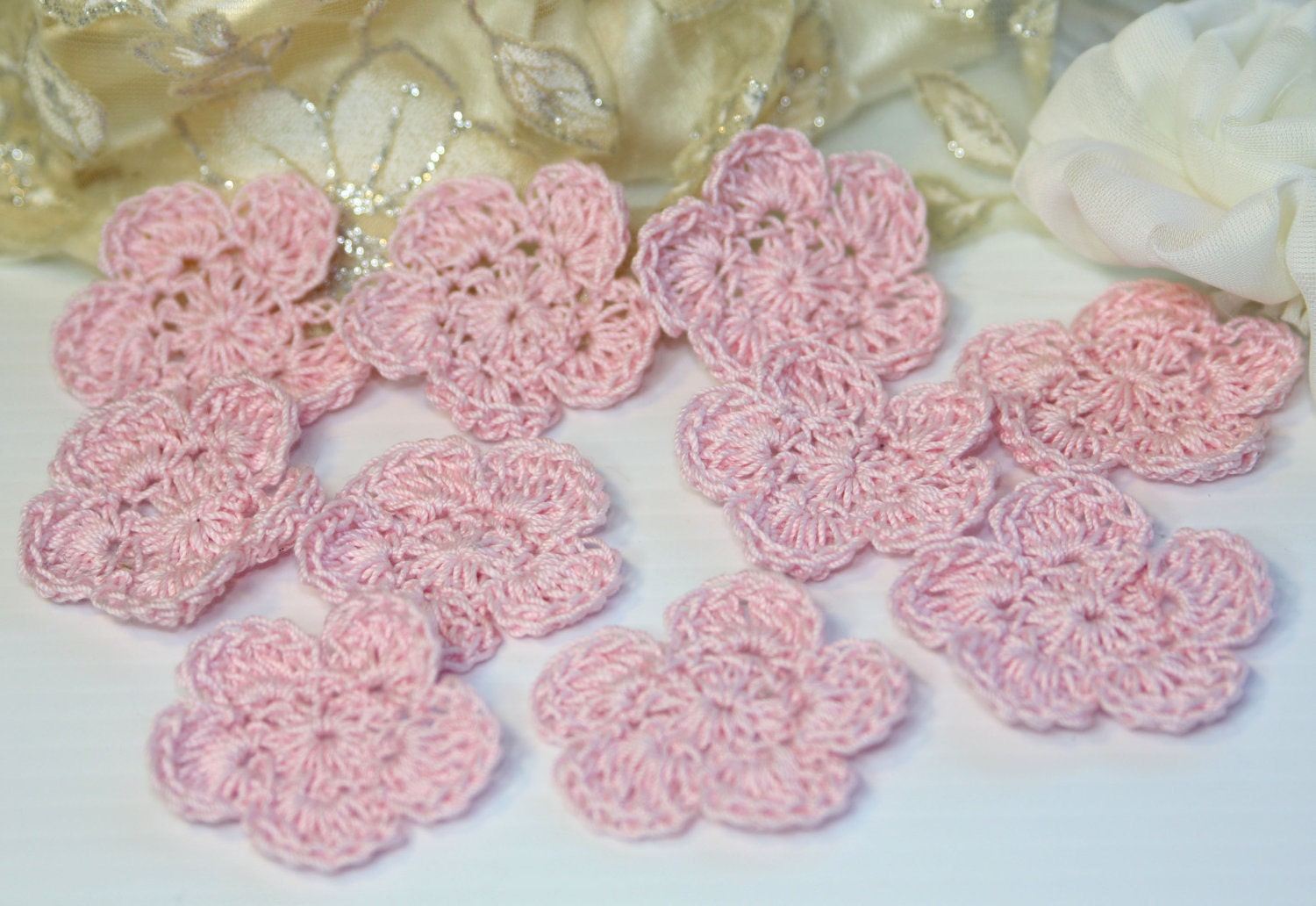 Crochet Flowers Handmade Applique -  Pink - SET OF 10 - 1.5 x 1.5" Shabby Chic Vintage Inspired
