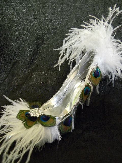 Peacock Feather Pumps Shoes Wedding  Bridal Heels 7 .5-8-9M