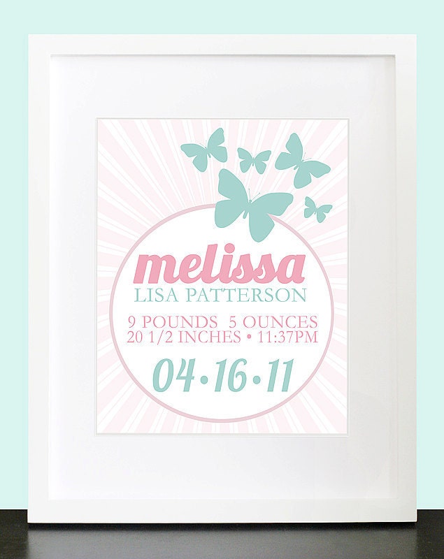 Butterfly Birth Announcement Wall Art - 8x10 Baby Children Nursery Wall Print Poster