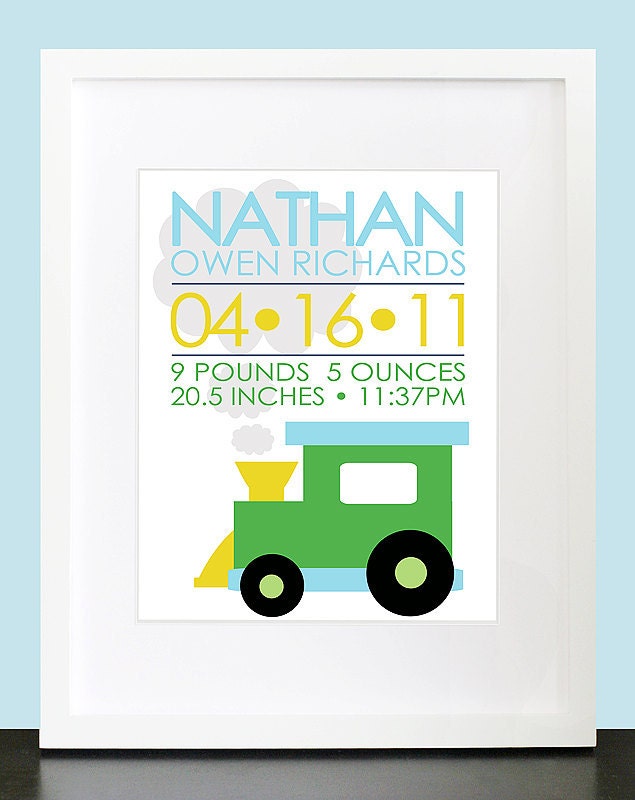 Choo Choo Train Birth Announcement Wall Art - 8x10 Baby Nursery Children Personalized Wall Print Poster