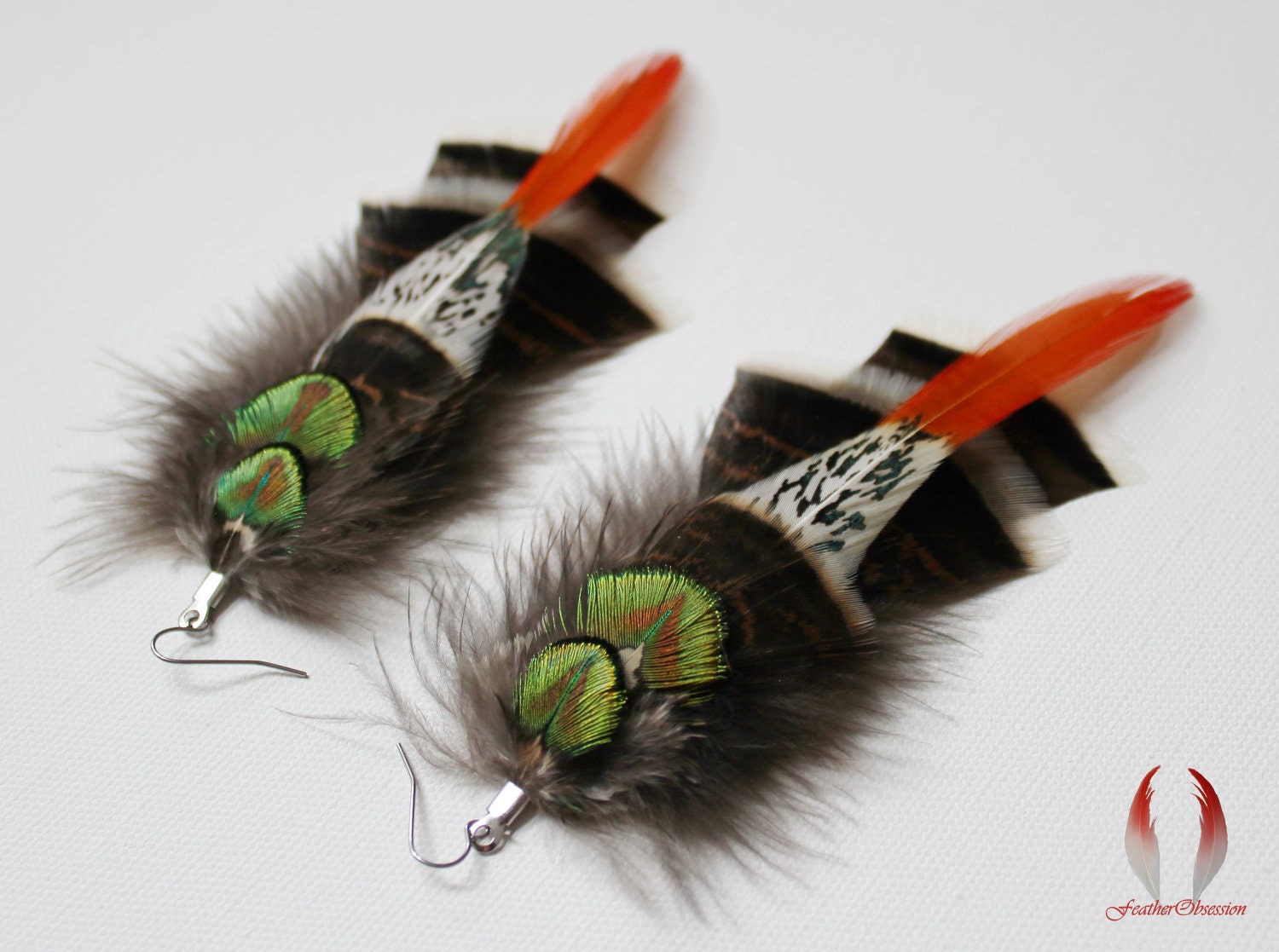 Turkey pheasant feather earrings, green peacock, metallic bronze, earth tone - Natura Red Tail