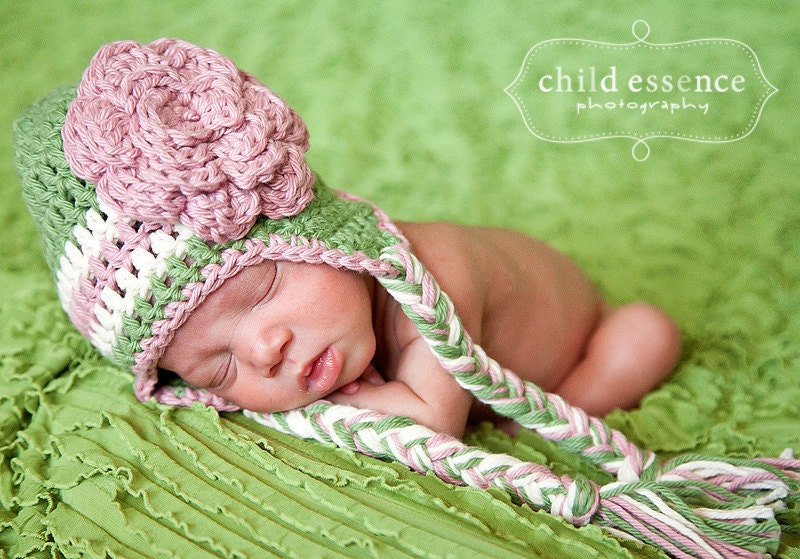 Crochet Girls Earflap Hat, Flower Beanie Baby Hat, Green and Pink, Photography Prop