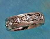 Wedding Band with Diamond-Set TWISTED ROPE PATTERN, 14k white or yellow gold