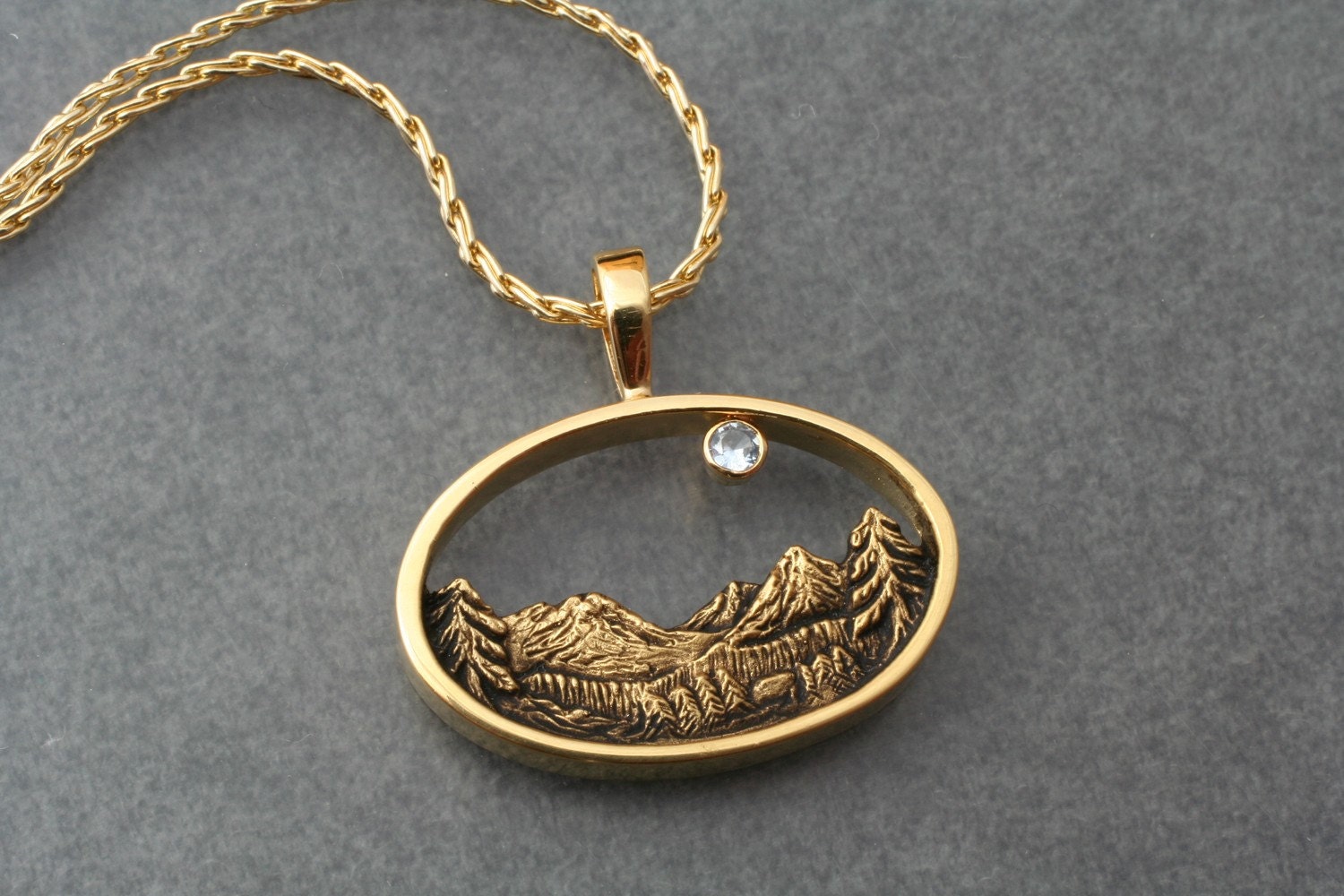 BLUE MOON Over Crystal Peaks, Mountain pendant in 14k gold.