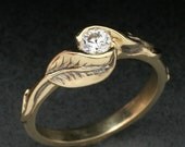 DELICATE TWO-LEAF Ring, made in either 14k yellow gold, or 14k white gold, Set With White Sapphire
