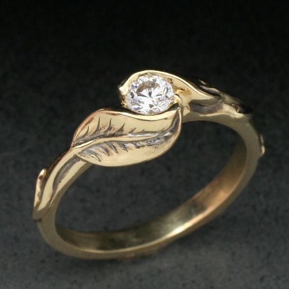 DELICATE TWO-LEAF Ring, made in either 14k yellow gold, or 14k white gold, Set With White Sapphire