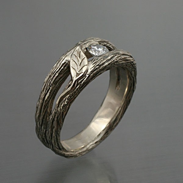 SOLITAIRE LEAF and White Sapphire, A Twig Ring in Sterling Silver