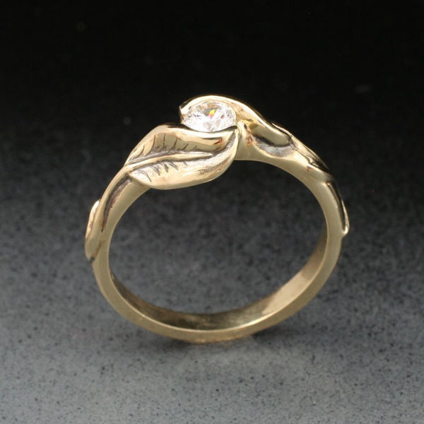 DELICATE TWO-LEAF Ring, made in either 14k yellow gold, or 14k white gold, Set With White Sapphire