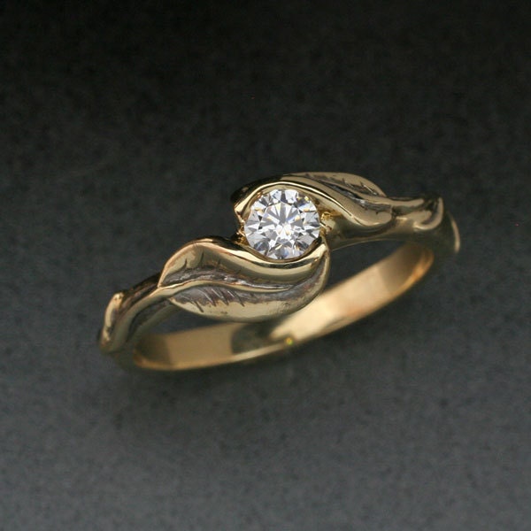 DELICATE TWO-LEAF Ring, made in either 14k yellow gold, or 14k white gold, Set With White Sapphire