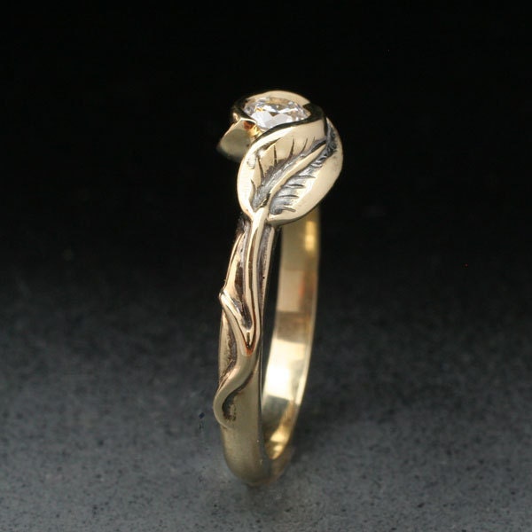 DELICATE TWO-LEAF Ring, made in either 14k yellow gold, or 14k white gold, Set With White Sapphire