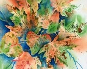 Watercolor of Fall Leaves Orange Green - Martha Kisling Original Painting