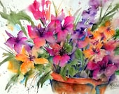 Watercolor of Spring Flowers in Pot Colorful - Martha Kisling Original Painting