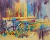 STUDIO SALE - Watercolor Old Wagon and Barn by Colorado Artist Martha Kisling